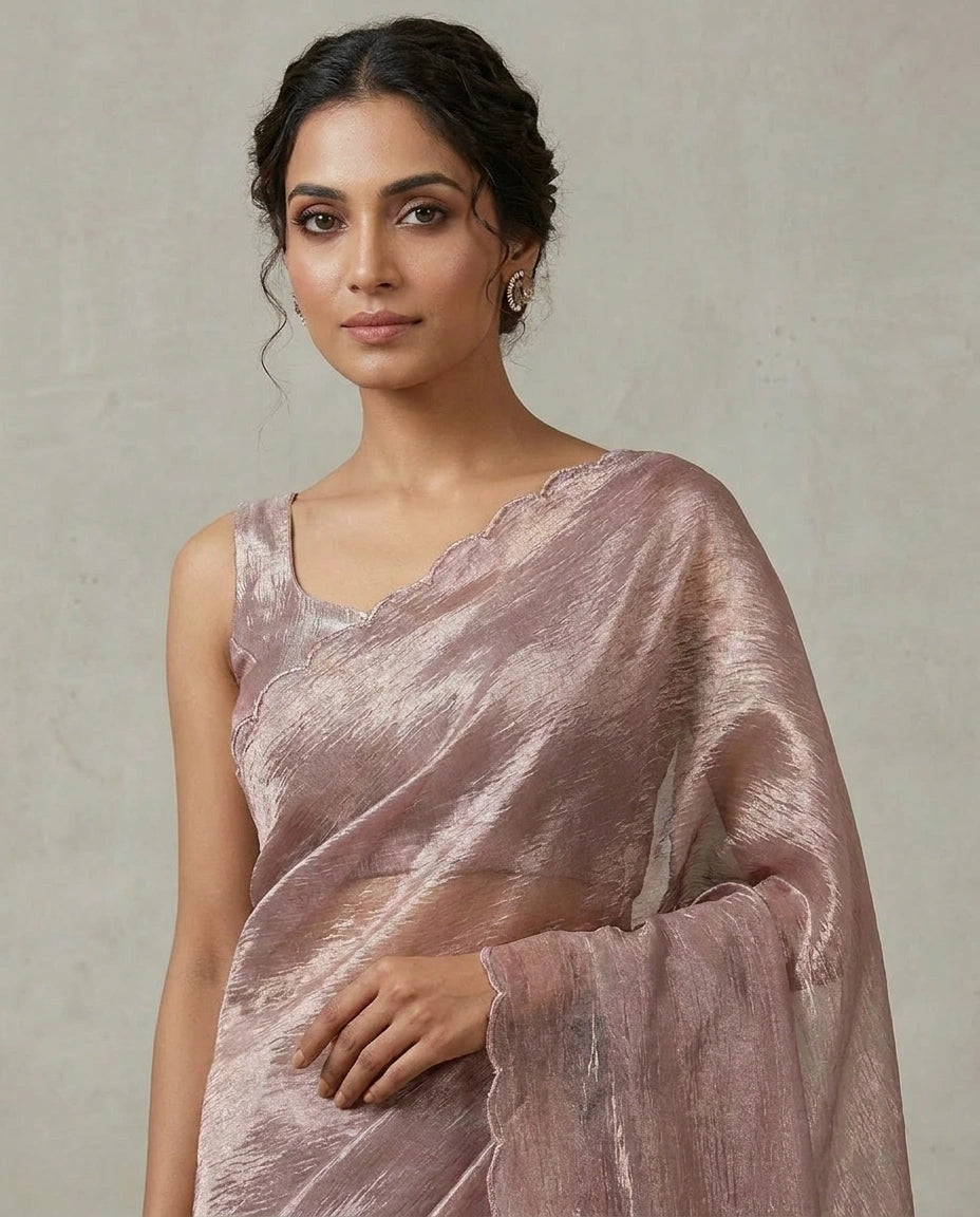 Crushed Tissue Saree with Hand Embroidered Pallu Online India - Rangoli India