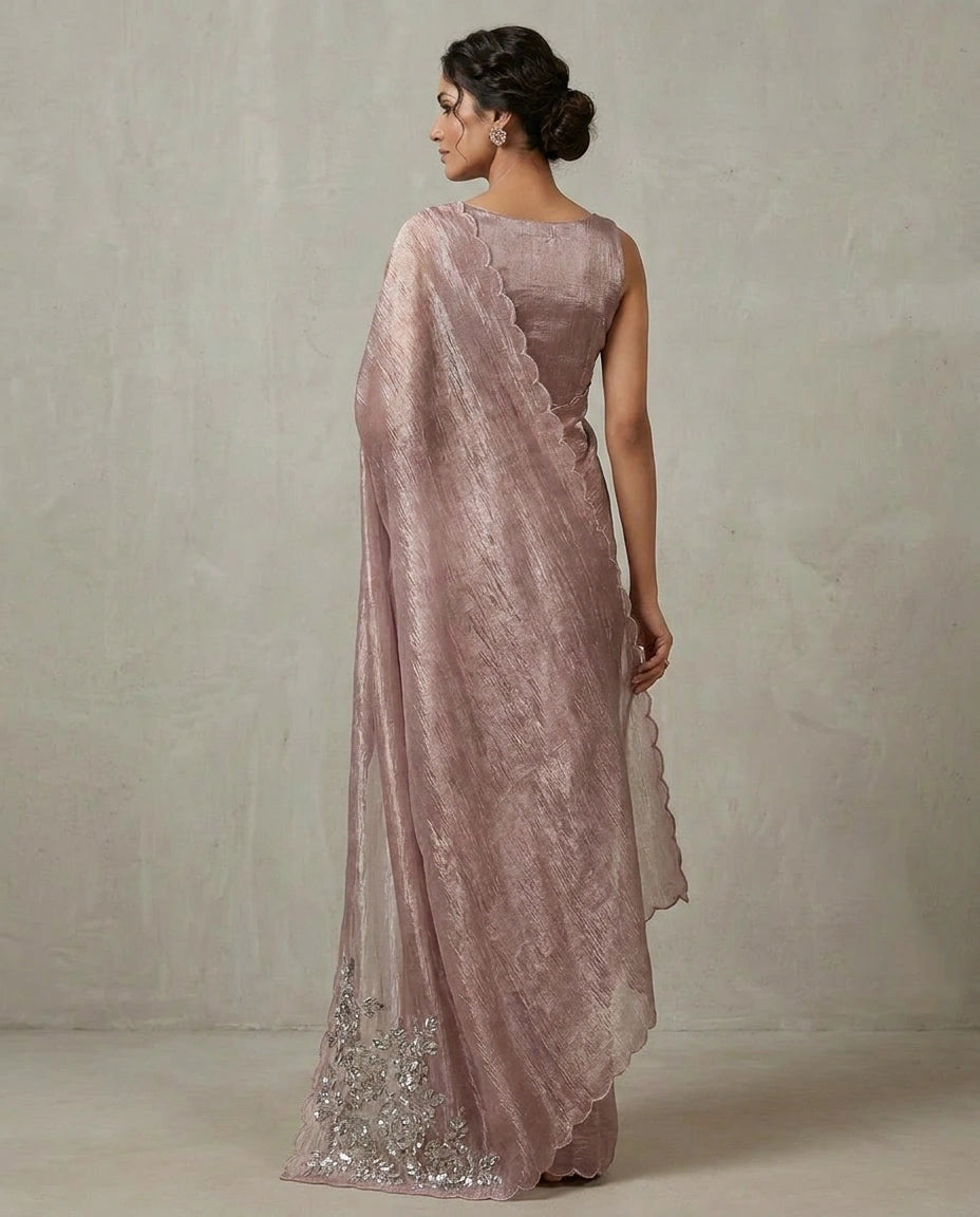 Crushed Tissue Saree with Hand Embroidered Pallu Online India - Rangoli India