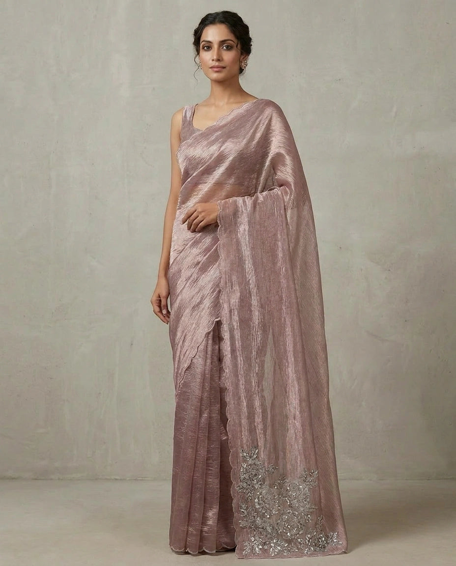 Crushed Tissue Saree with Hand Embroidered Pallu Online India - Rangoli India
