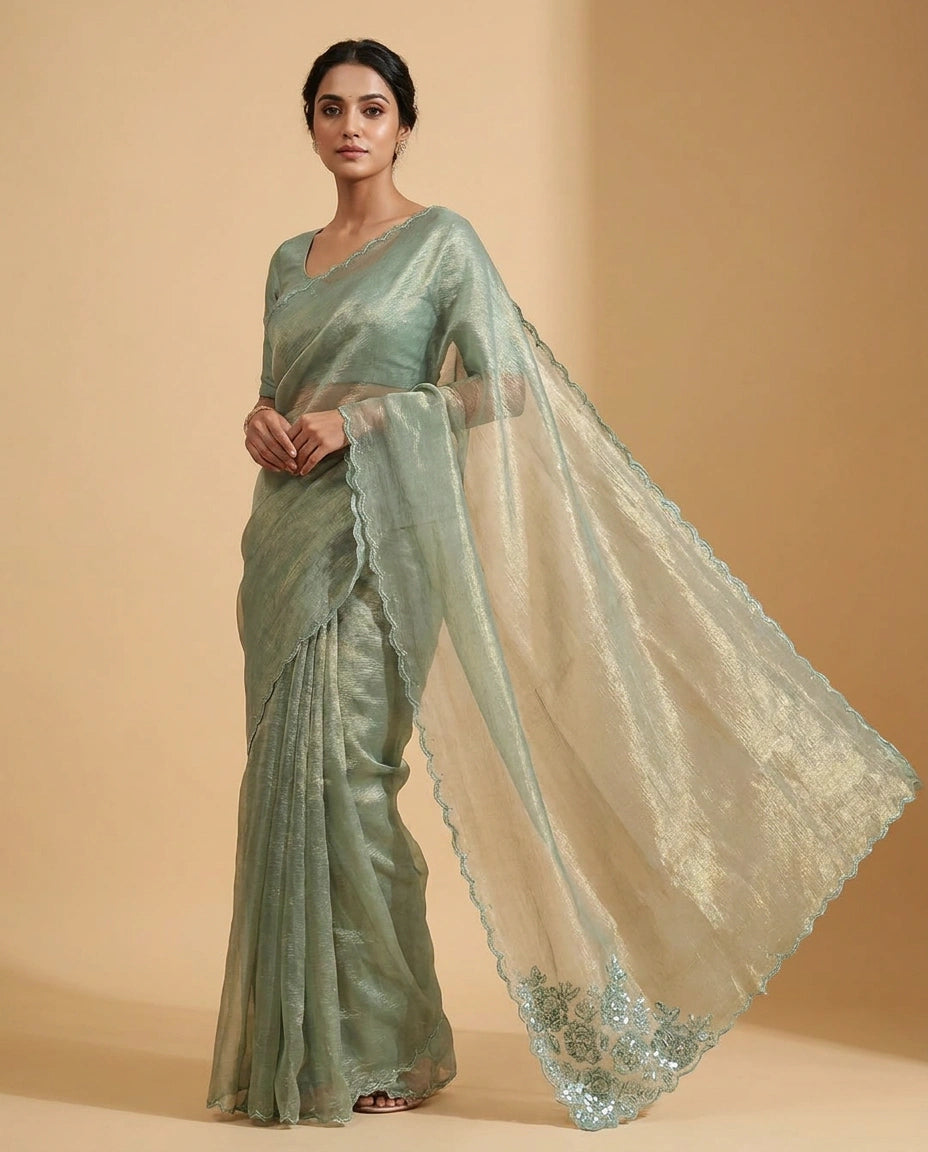 Crushed Tissue Saree with Hand Embroidered Pallu Online India - Rangoli India
