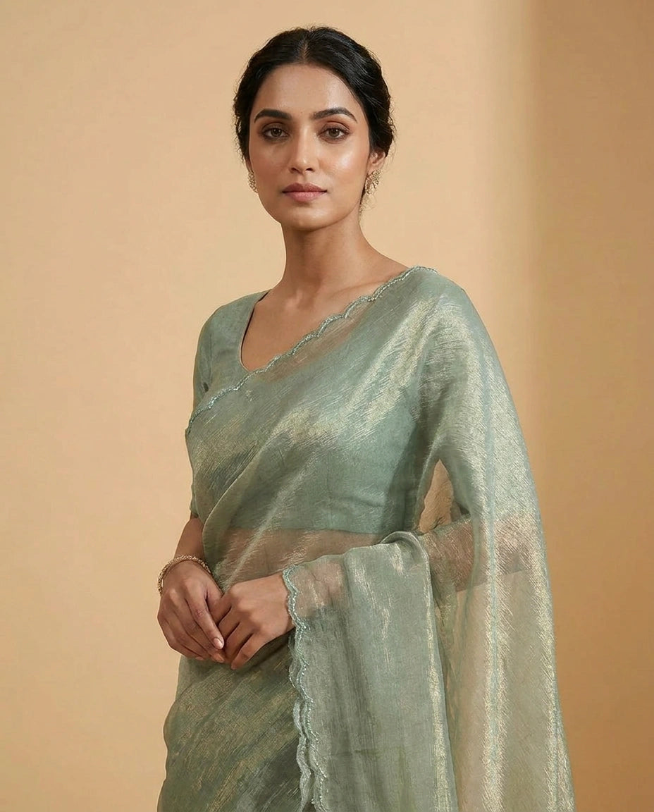 Crushed Tissue Saree with Hand Embroidered Pallu Online India - Rangoli India
