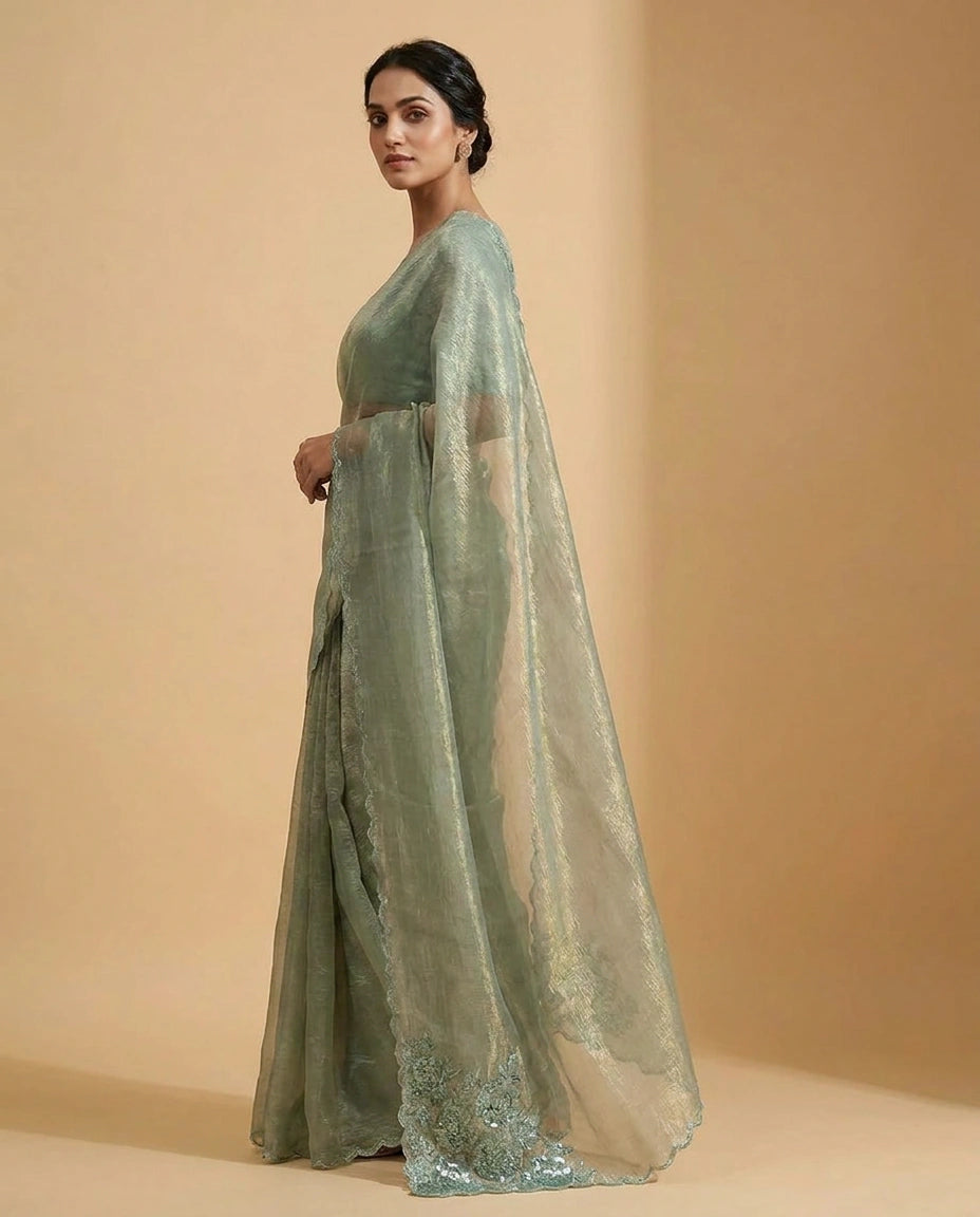 Crushed Tissue Saree with Hand Embroidered Pallu Online India - Rangoli India