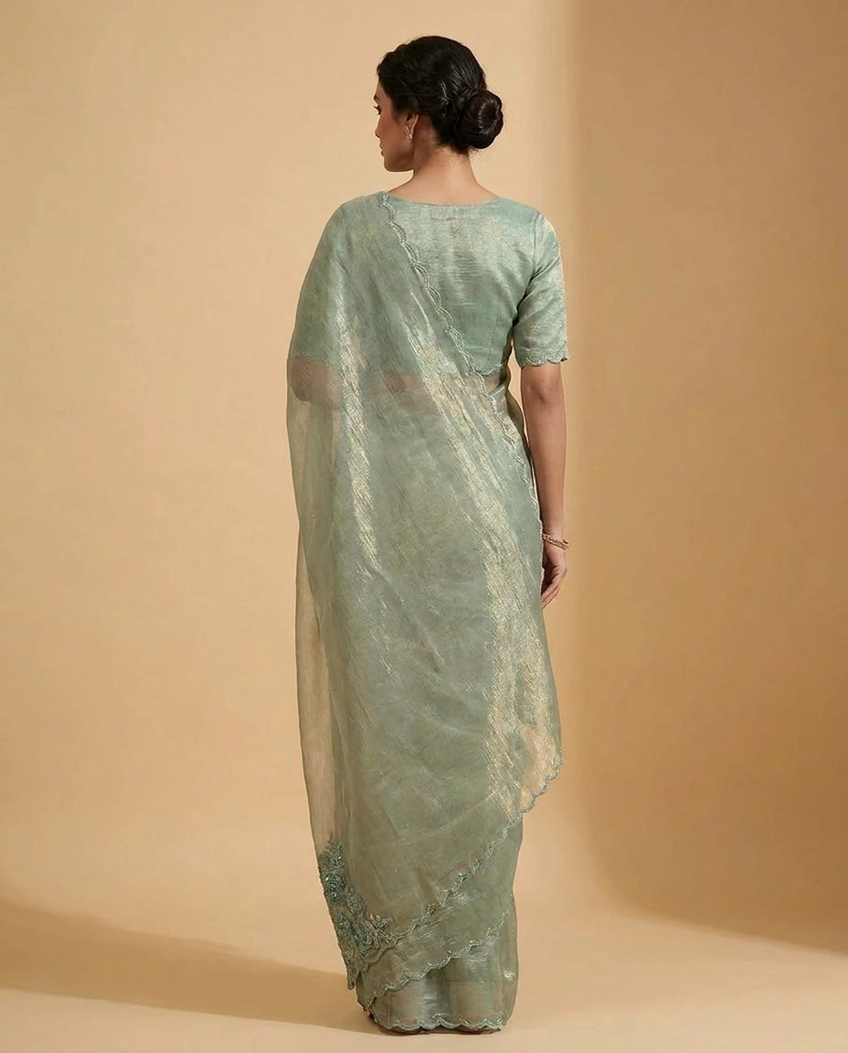 Crushed Tissue Saree with Hand Embroidered Pallu Online India - Rangoli India