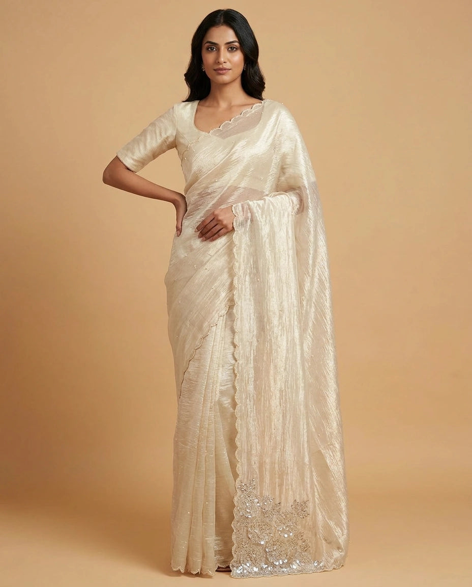 Crushed Tissue Saree with Hand Embroidered Pallu Online India - Rangoli India