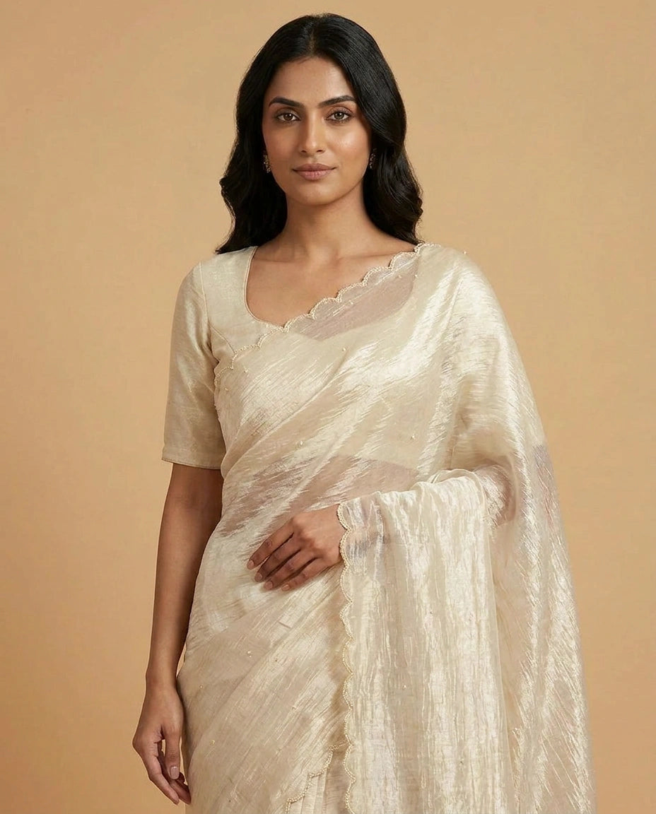 Crushed Tissue Saree with Hand Embroidered Pallu Online India - Rangoli India