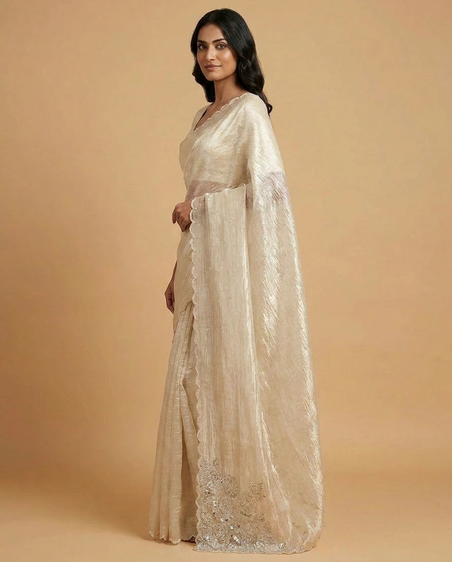 Crushed Tissue Saree with Hand Embroidered Pallu Online India - Rangoli India