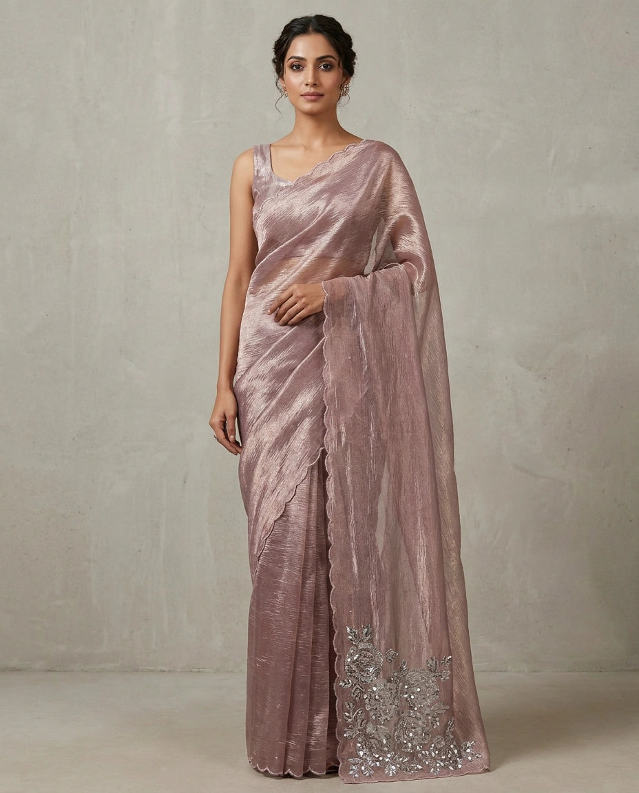 Crushed Tissue Saree with Hand Embroidered Pallu Online India - Rangoli India
