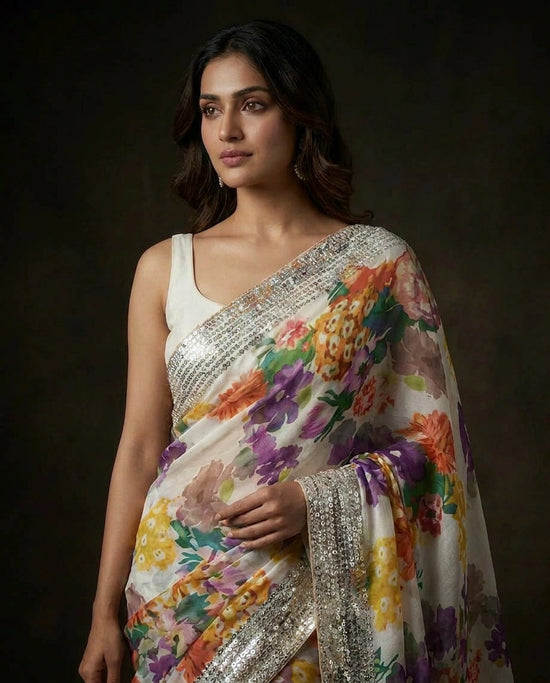 Off White/Mustard Satin Designer Saree with Hand Embroidery view 2