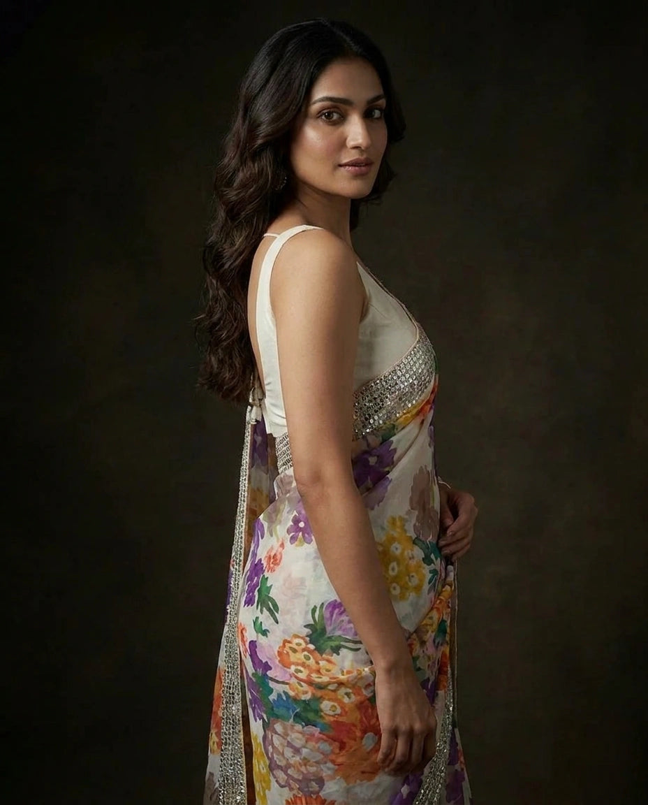 Off White/Mustard Satin Designer Saree with Hand Embroidery view 3
