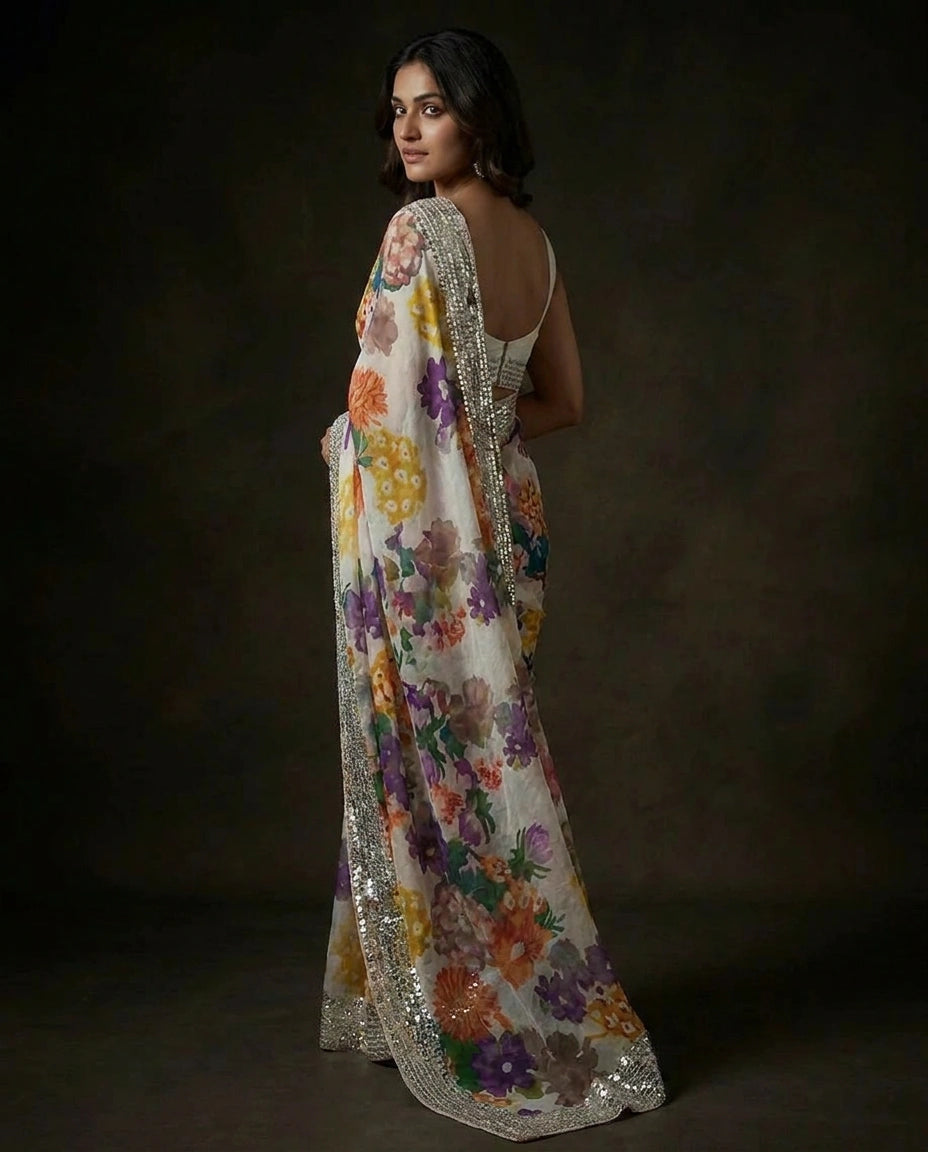 Off White/Mustard Satin Designer Saree with Hand Embroidery view 4