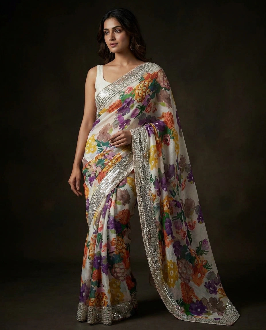 Off White/Mustard Satin Designer Saree with Hand Embroidery - Rangoli India