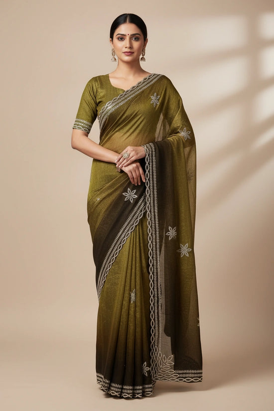 Artisan Satin Embroidered Saree - Mehandi | Rangoli