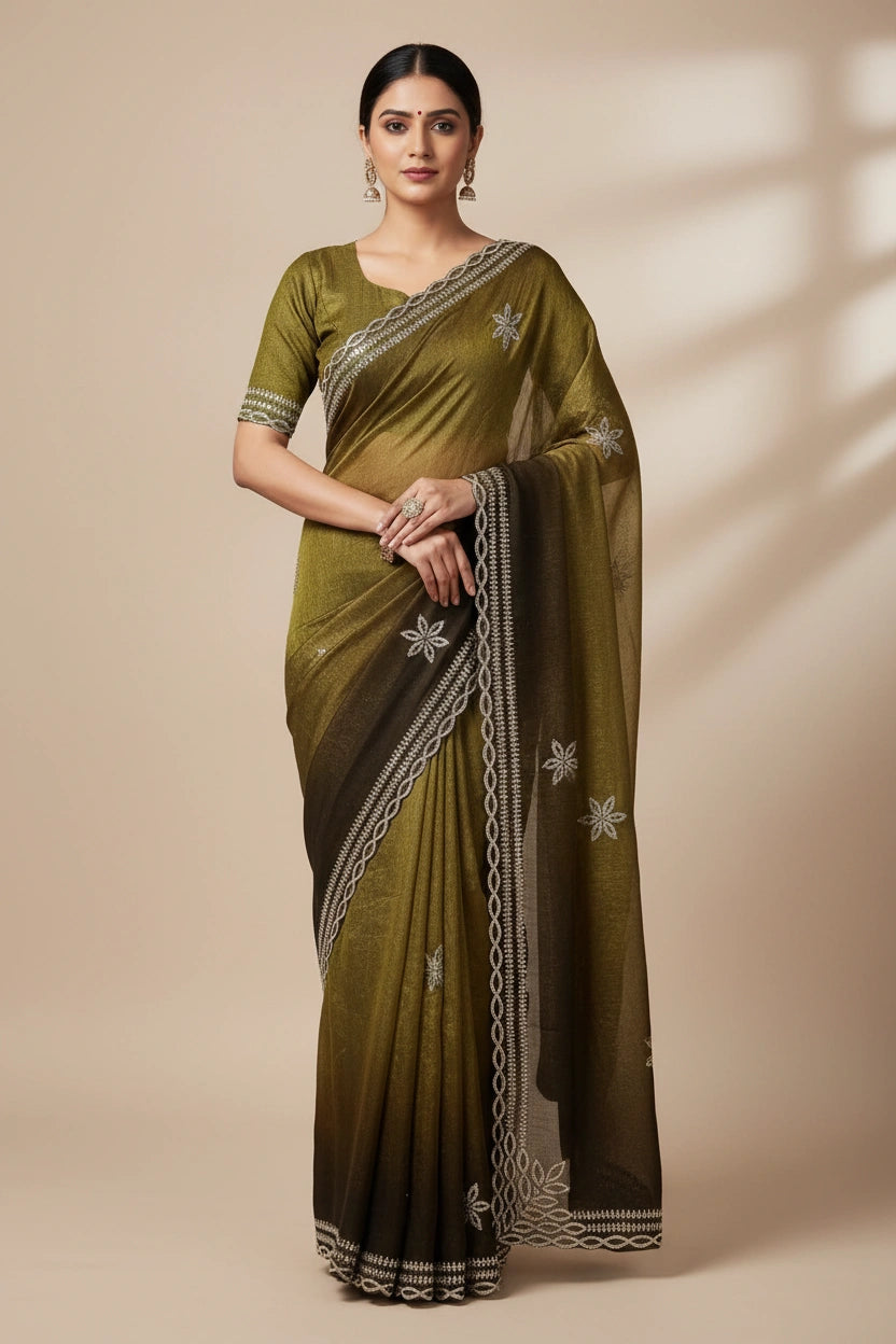Embroidered Satin Saree with Sheen Festive Drape | Rangoli
