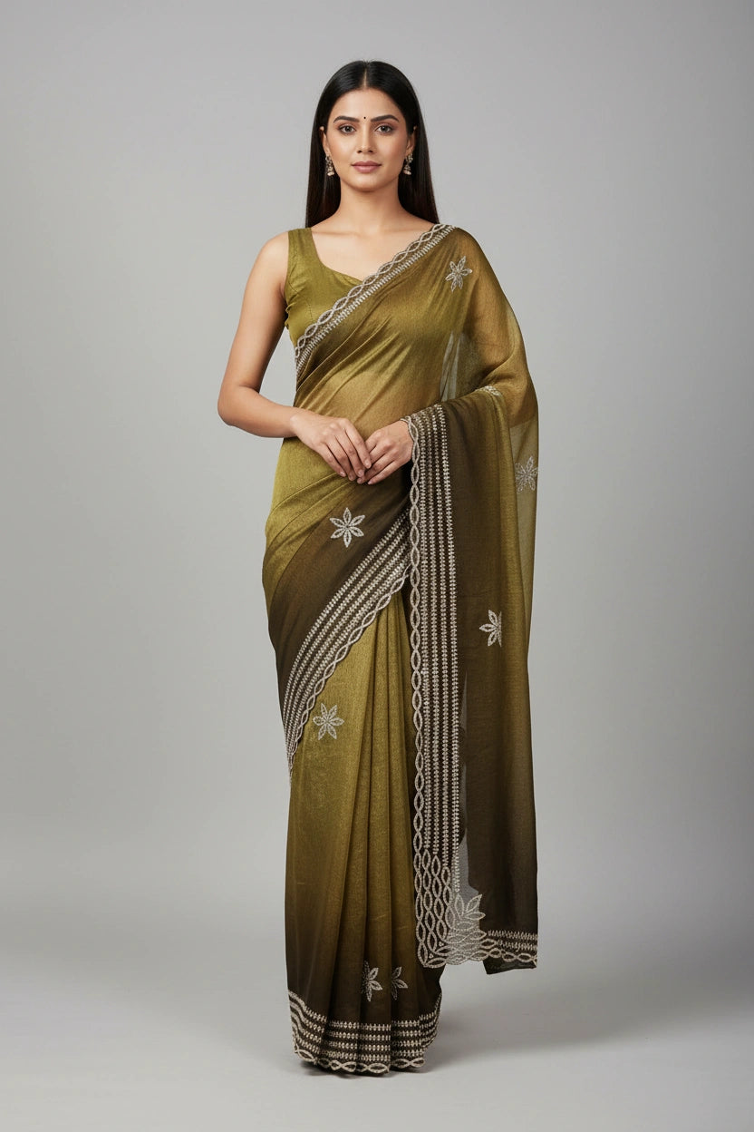 Embroidered Satin Saree with Sheen Festive Drape - View 2 | Rangoli