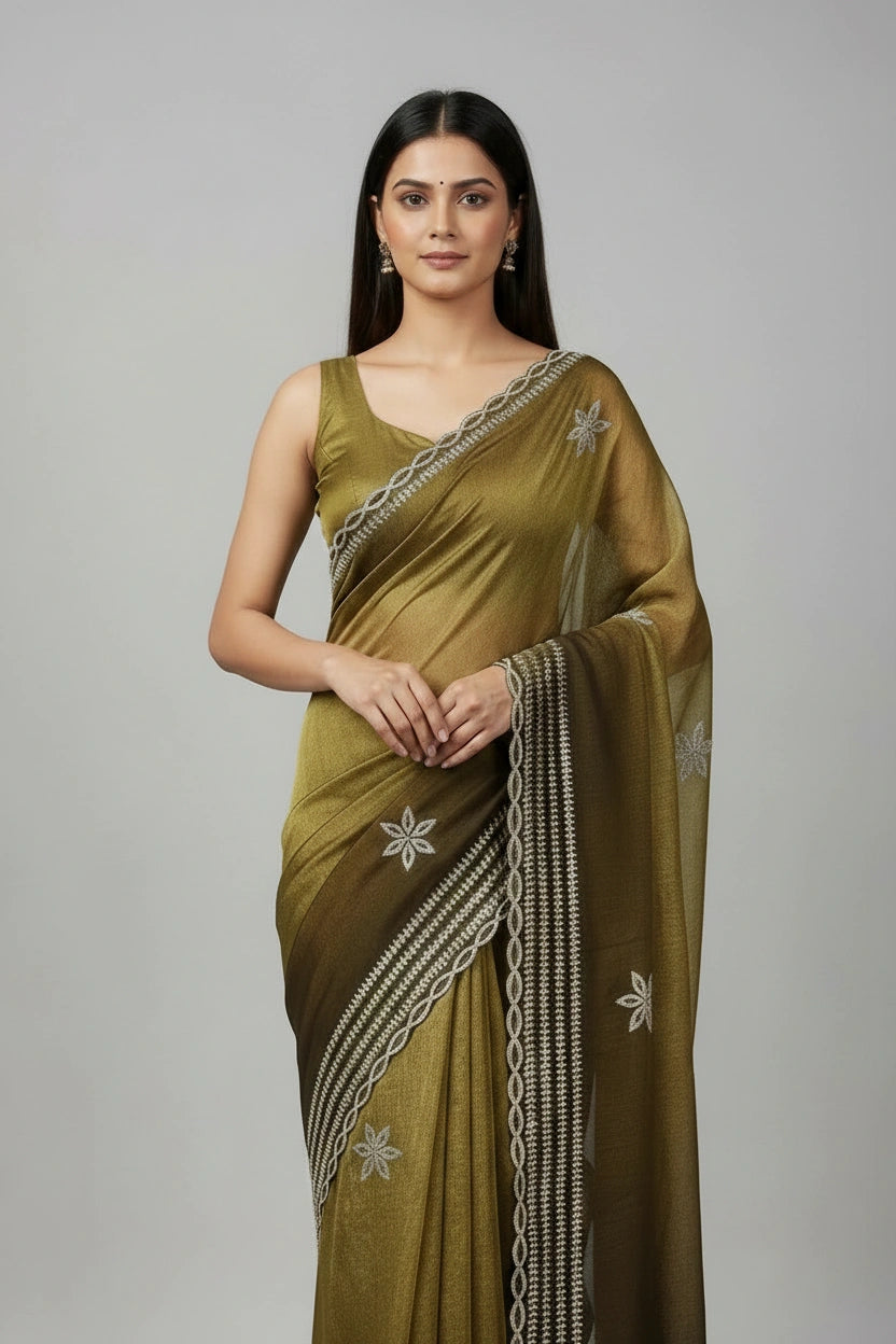 Artisan Satin Embroidered Saree - Peacock Blue | Rangoli