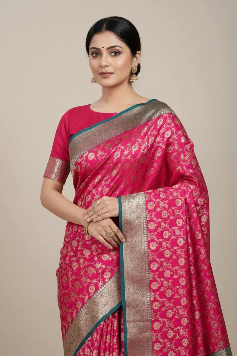 Woman wearing a pink saree with a beige background