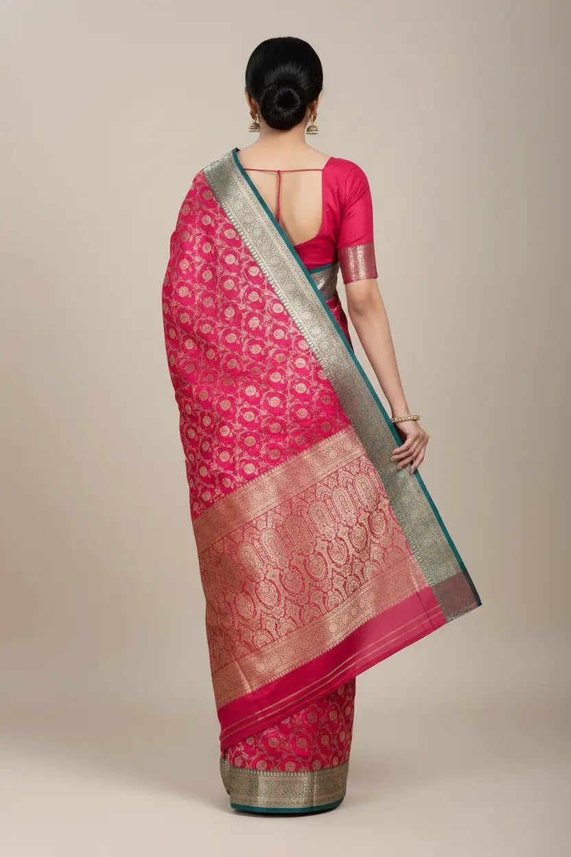 Woman wearing a pink saree with a patterned border on a beige background
