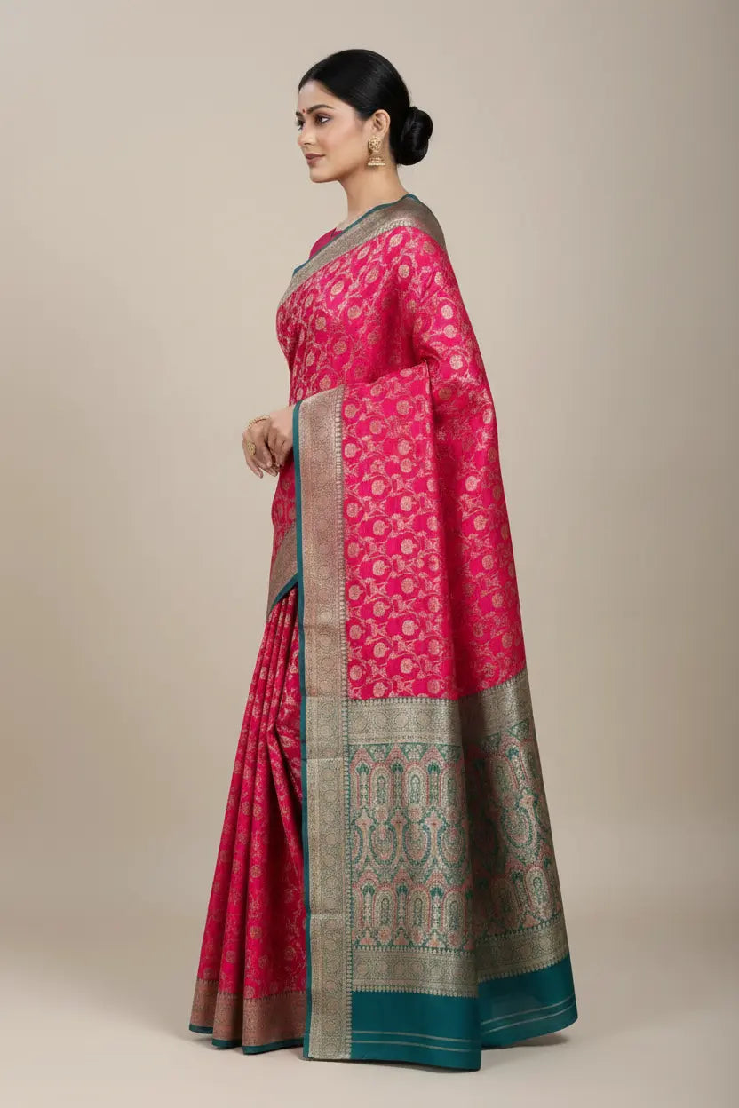 Woman wearing a pink saree with a green border on a beige background