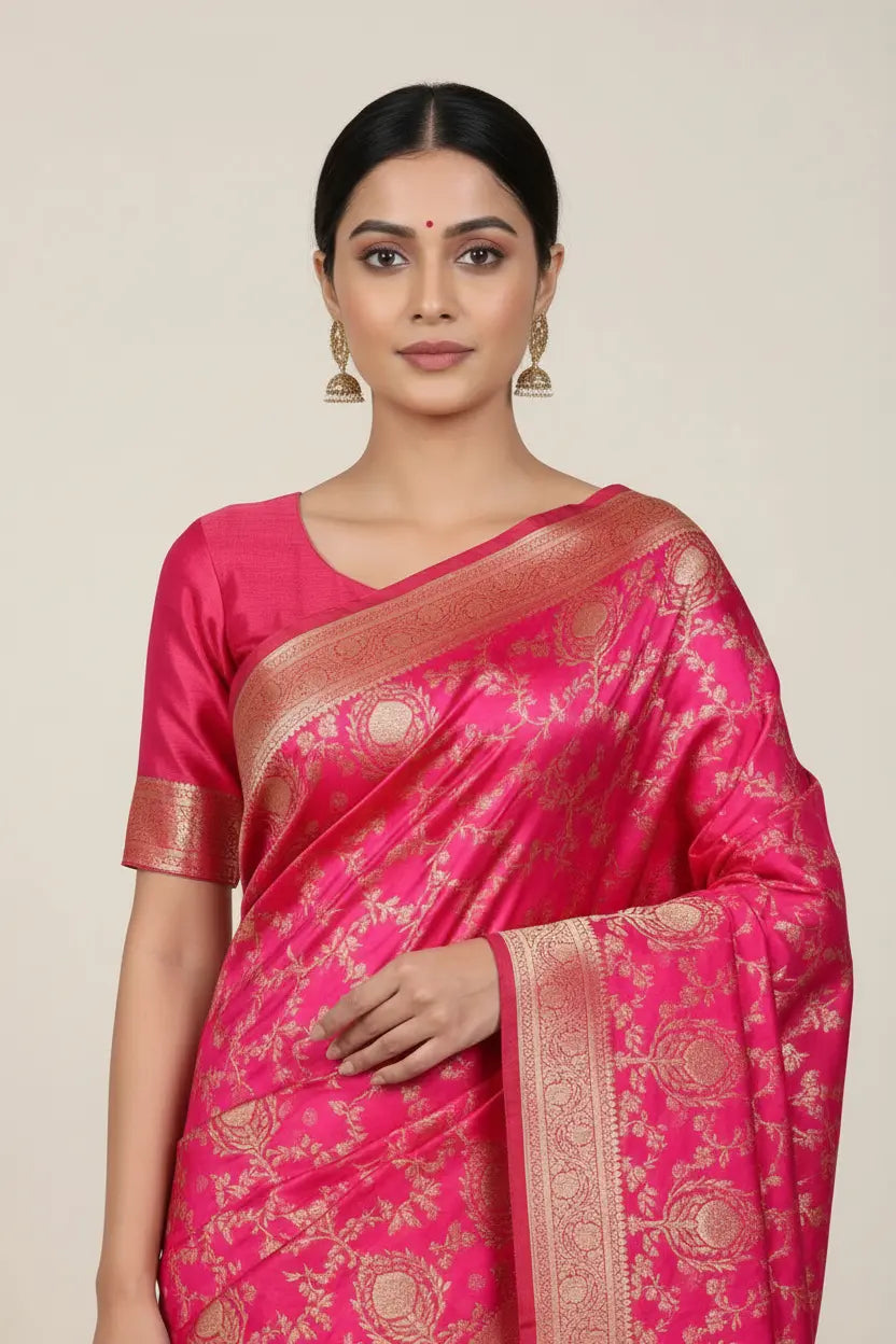 Woman wearing a pink saree with gold patterns on a beige background