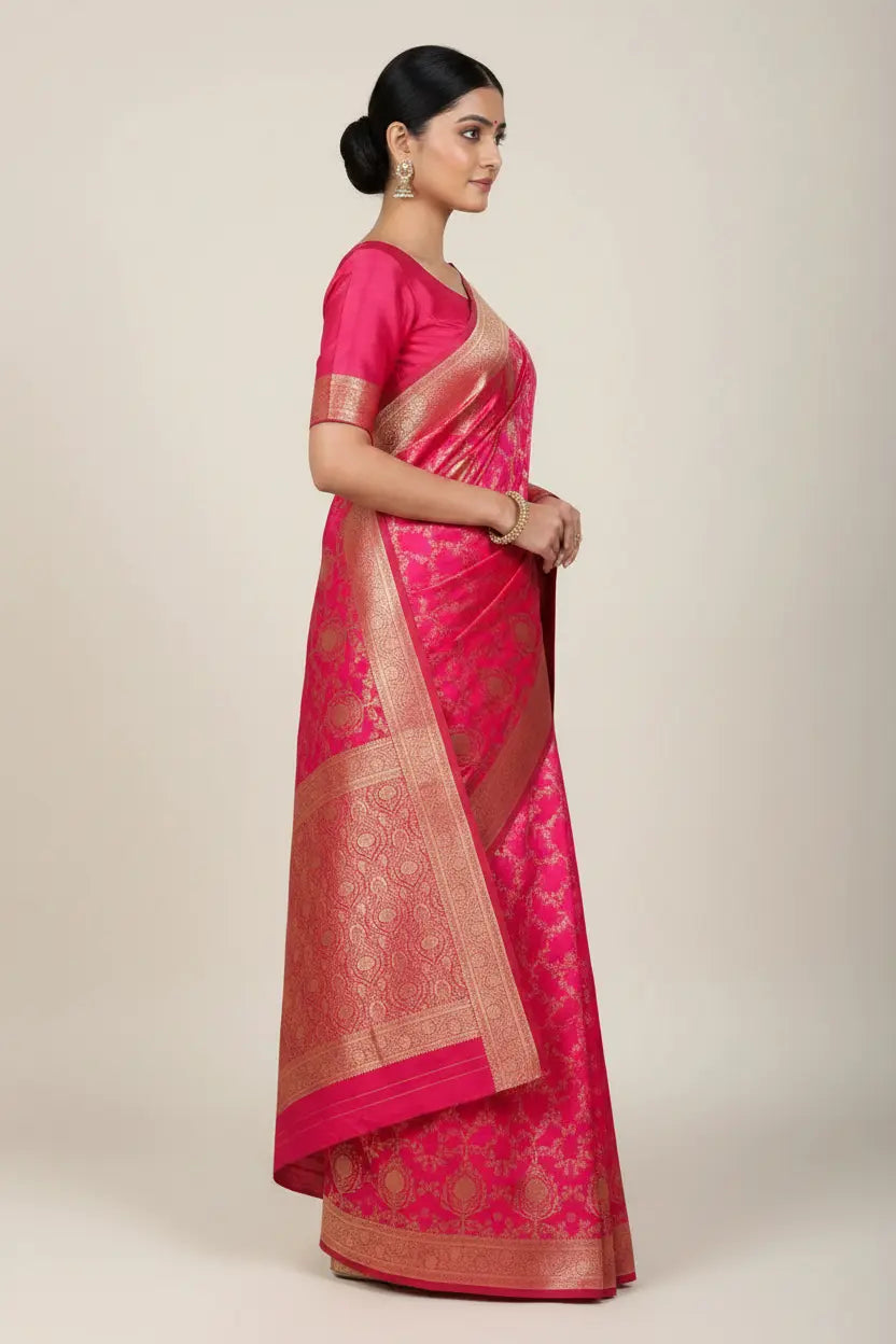 Woman wearing a pink saree with a gold border on a beige background