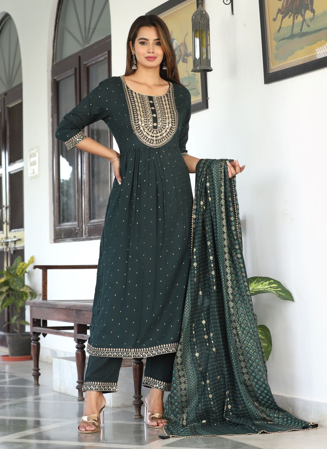 Bottle Green Straight Suit Set