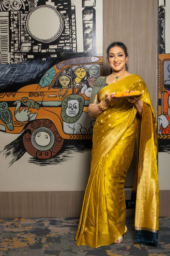 Mustard Mashru Silk Banarasi Weaving Saree