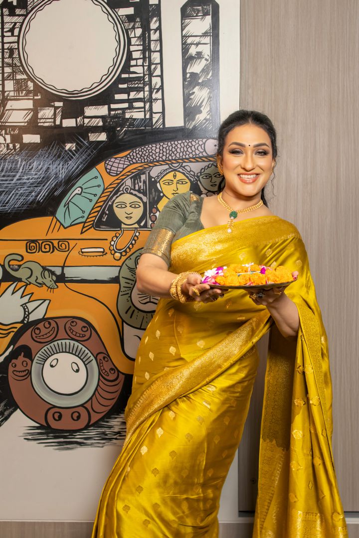 Mustard Mashru Silk Banarasi Weaving Saree - silk Indian ethnic wear by Rangoli