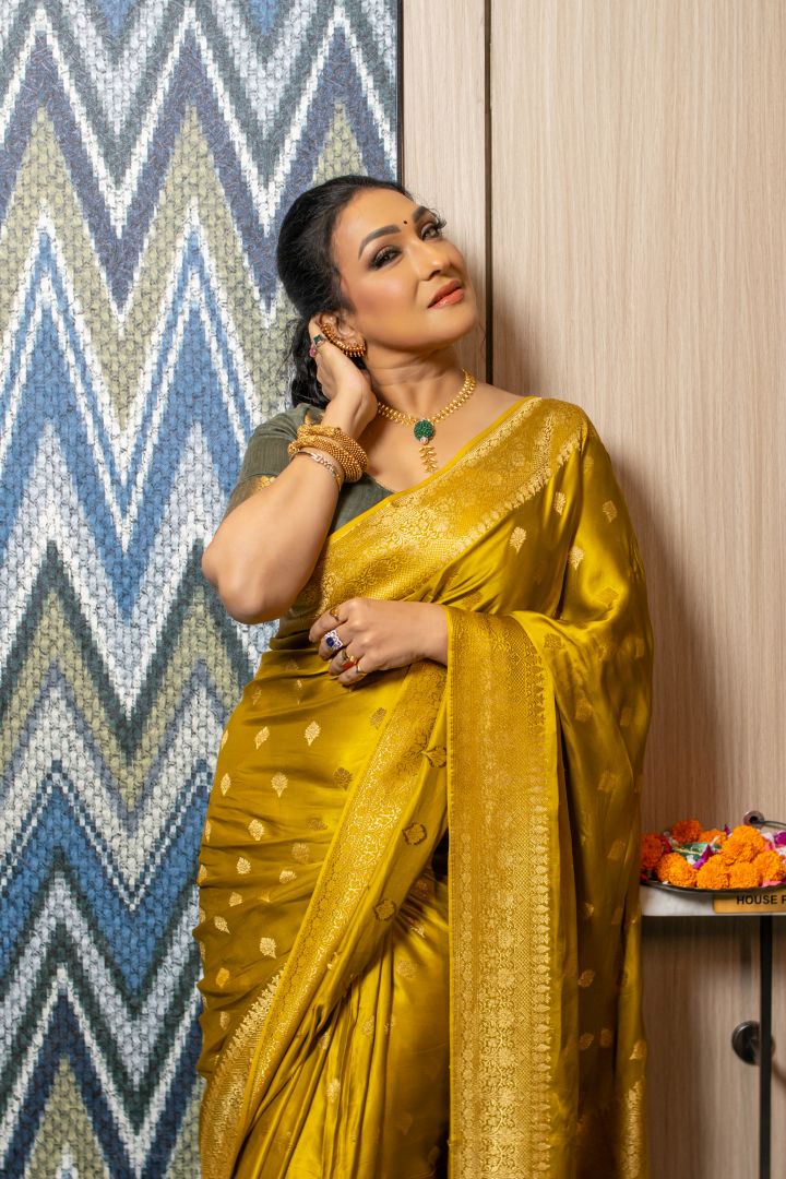 Mustard Mashru Silk Banarasi Weaving Saree