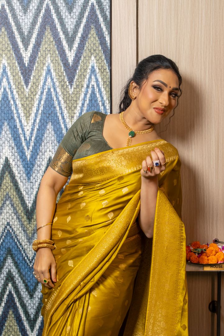 Mustard Mashru Silk Banarasi Weaving Saree - silk Indian ethnic wear by Rangoli
