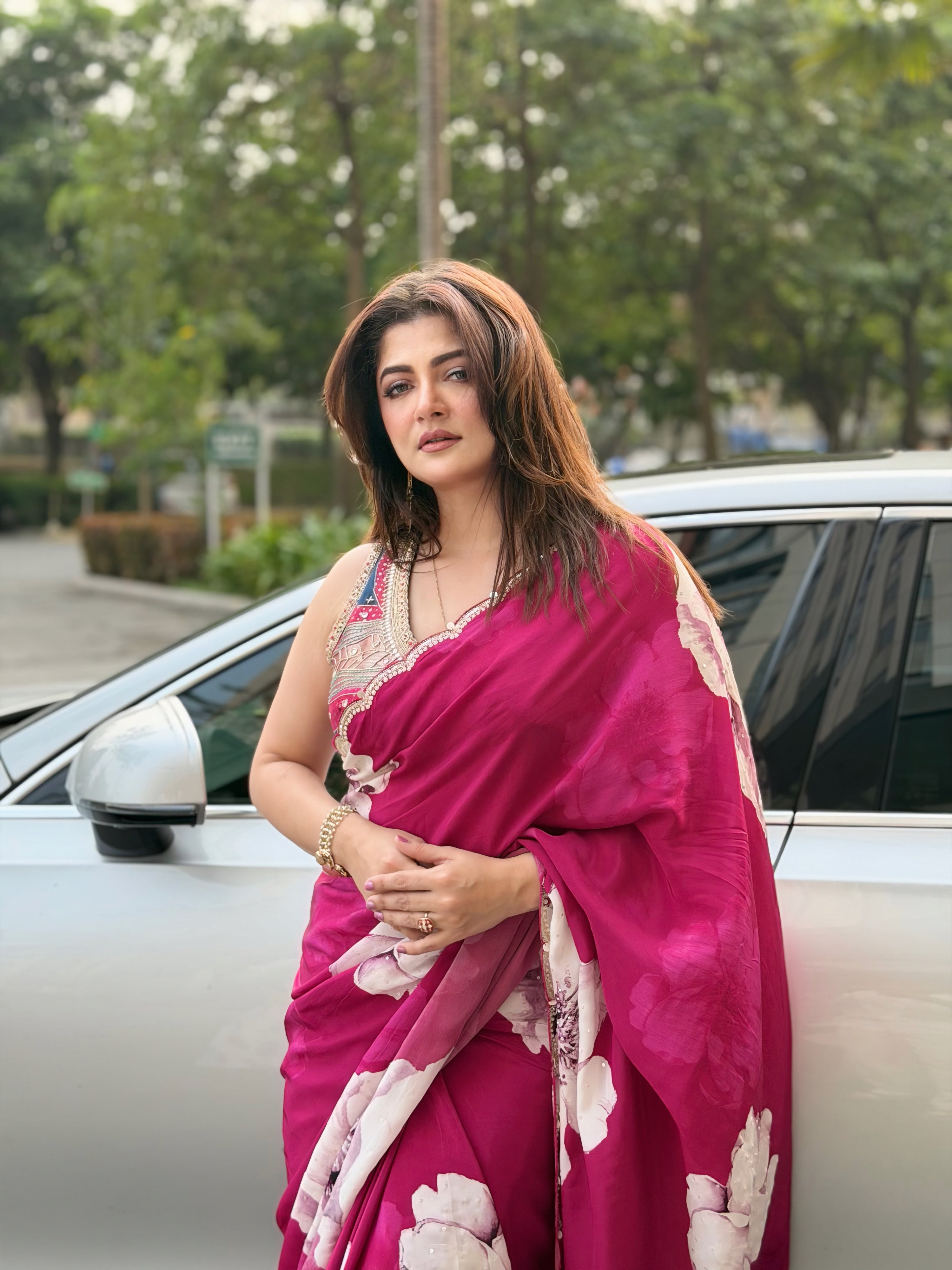 Magenta Floral Print Crepe Silk Saree with Hand Embroidery Border