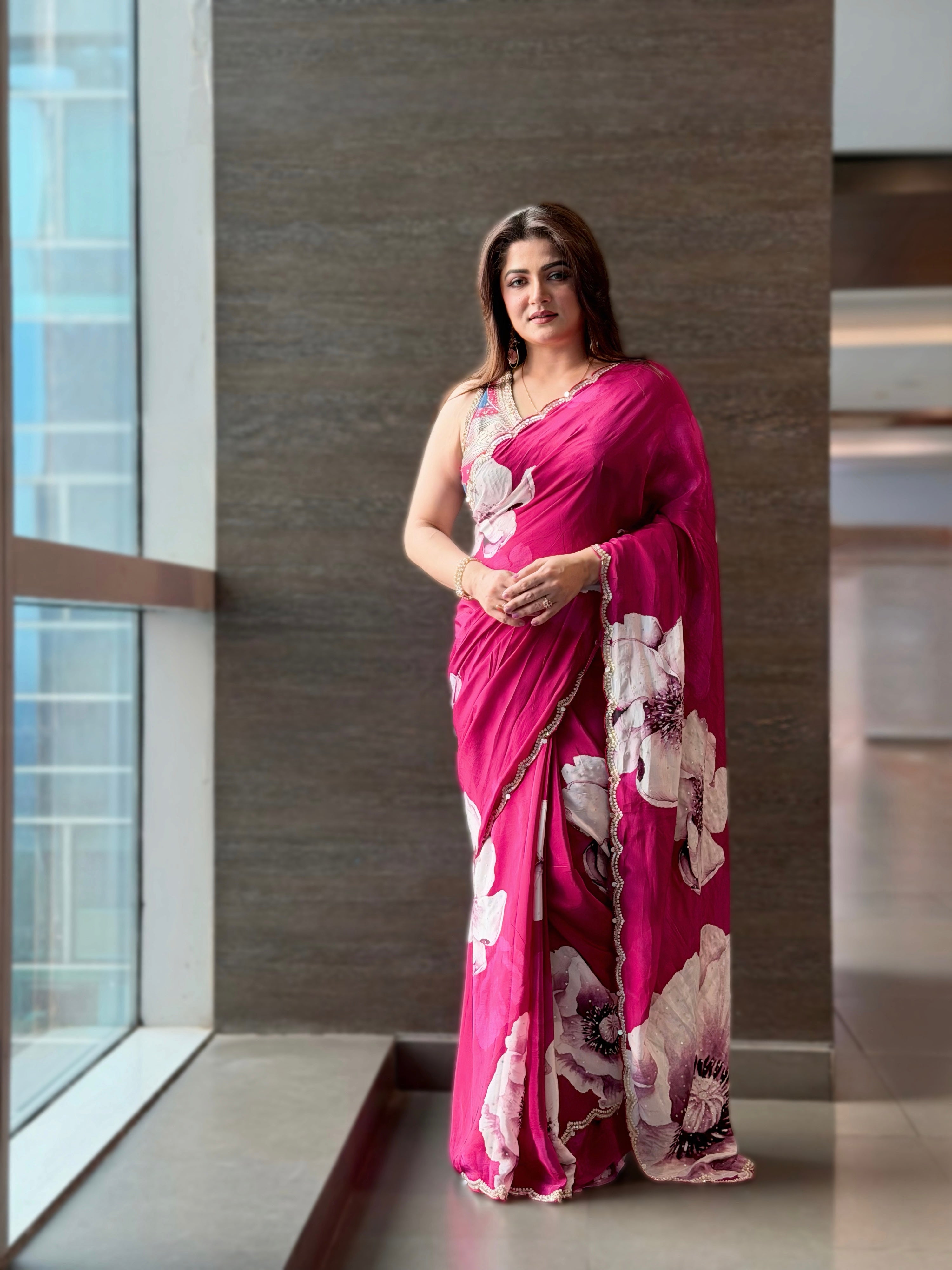 Magenta Floral Print Crepe Silk Saree with Hand Embroidery Border