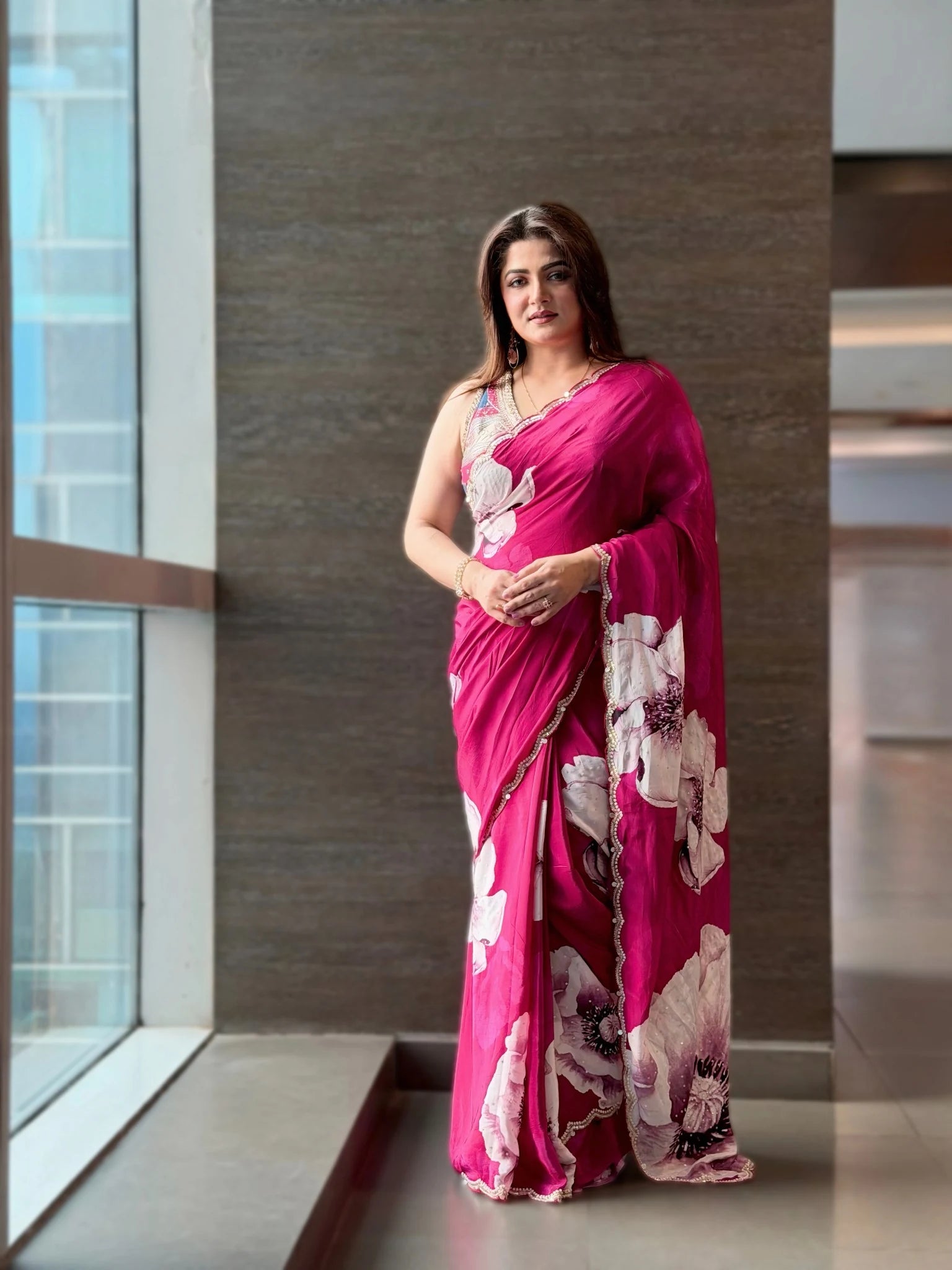 Magenta Floral Print Crepe Silk Saree with Hand Embroidery Border