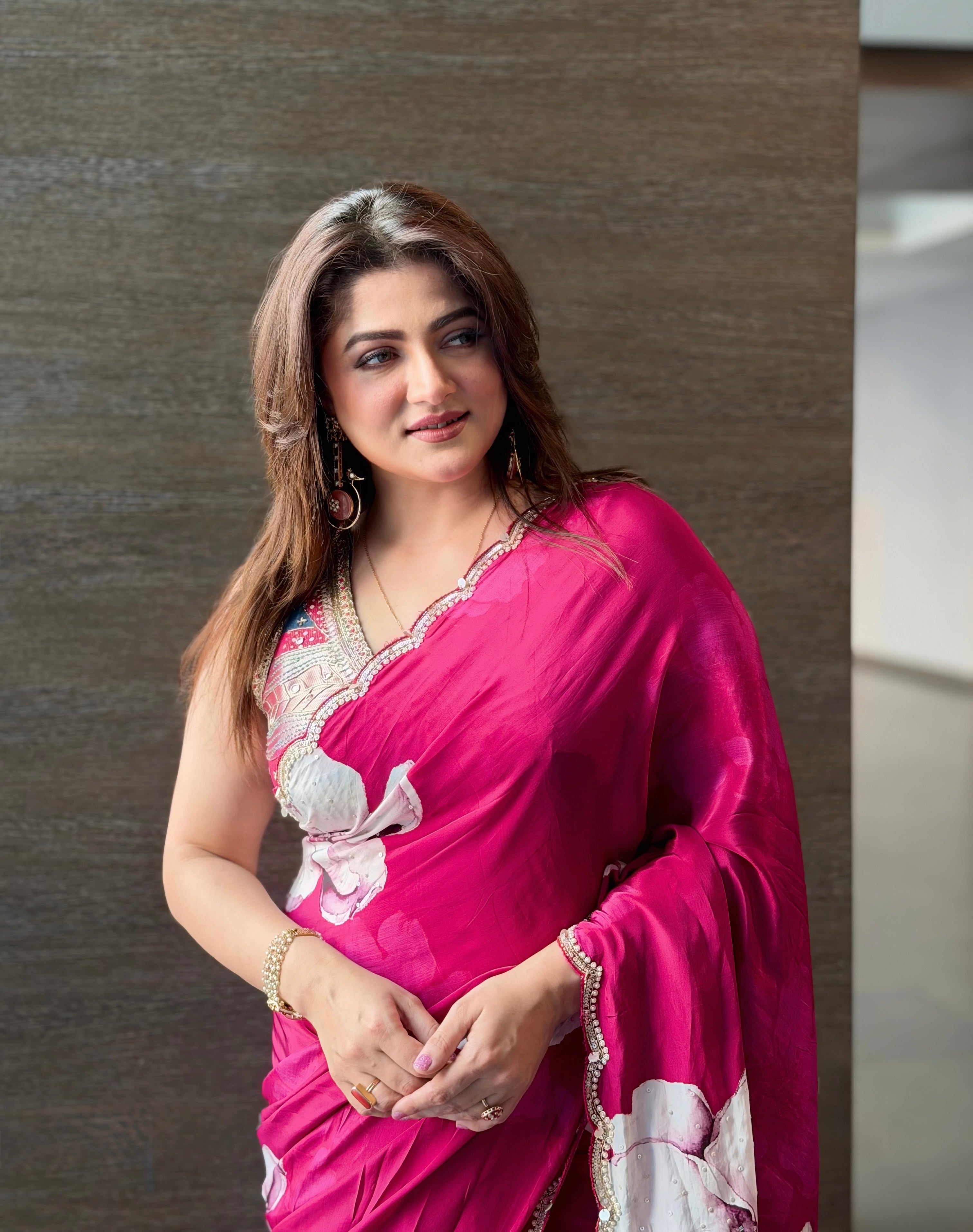 Magenta Floral Print Crepe Silk Saree with Hand Embroidery Border