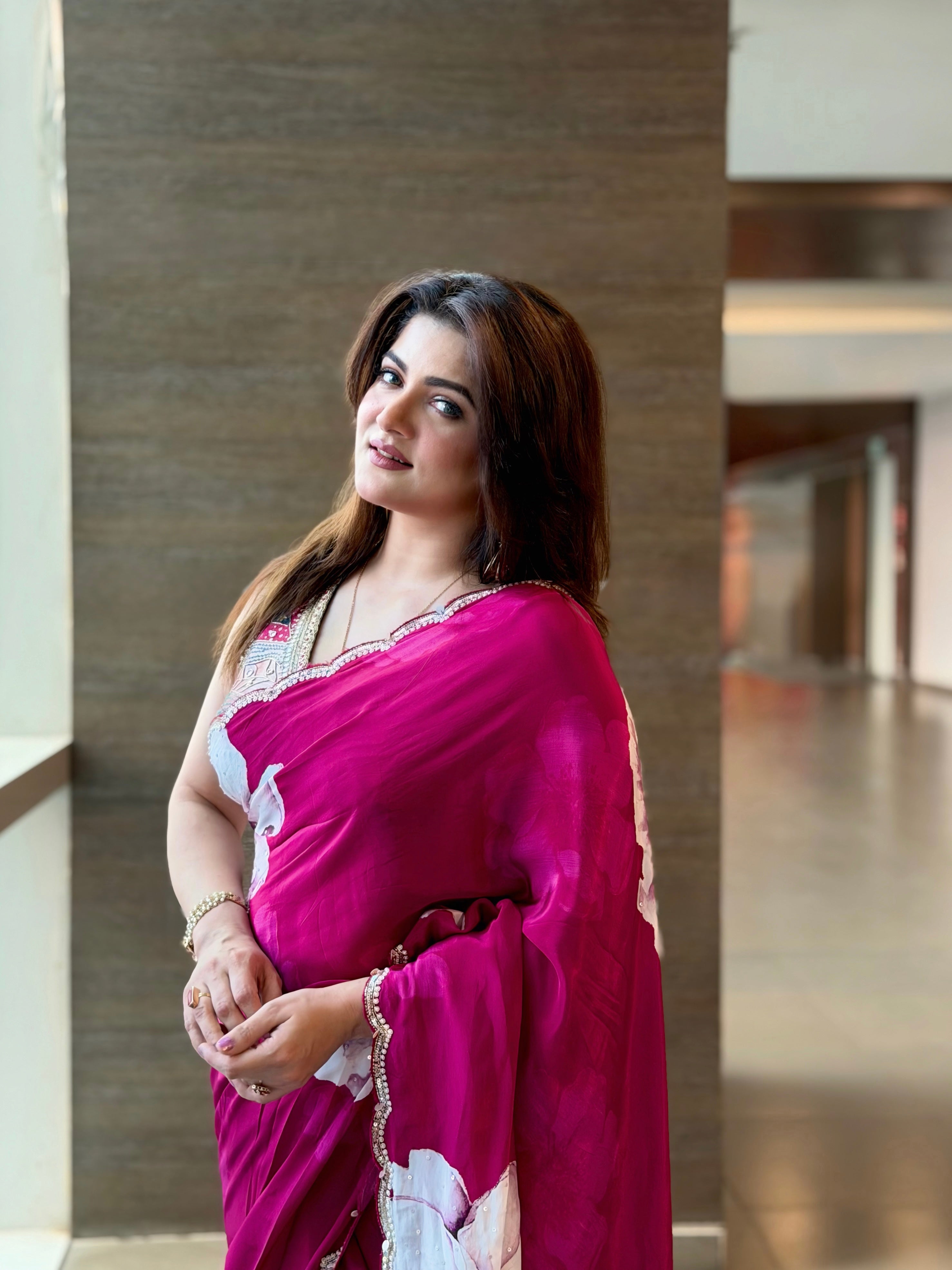 Magenta Floral Print Crepe Silk Saree with Hand Embroidery Border