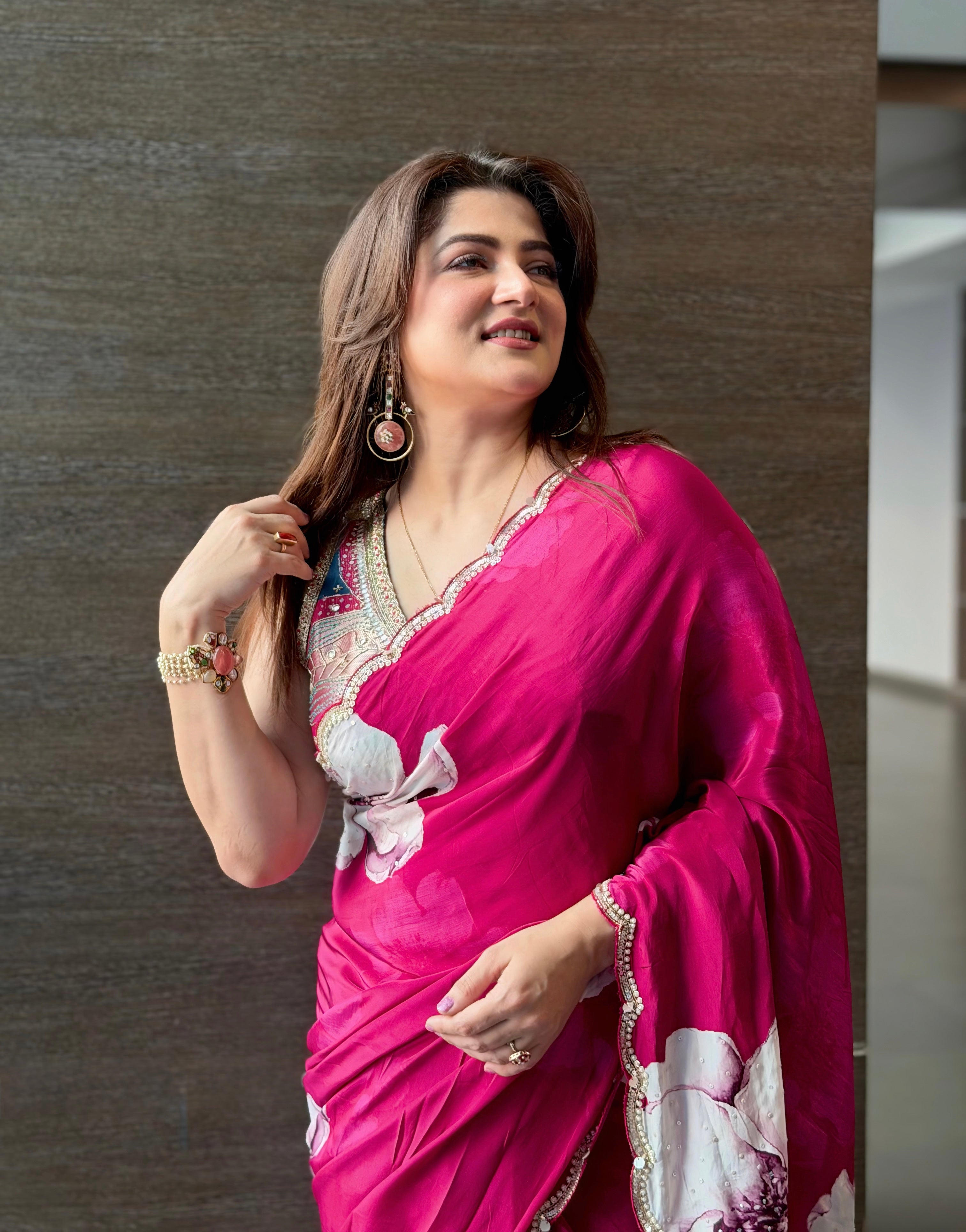Magenta Floral Print Crepe Silk Saree with Hand Embroidery Border