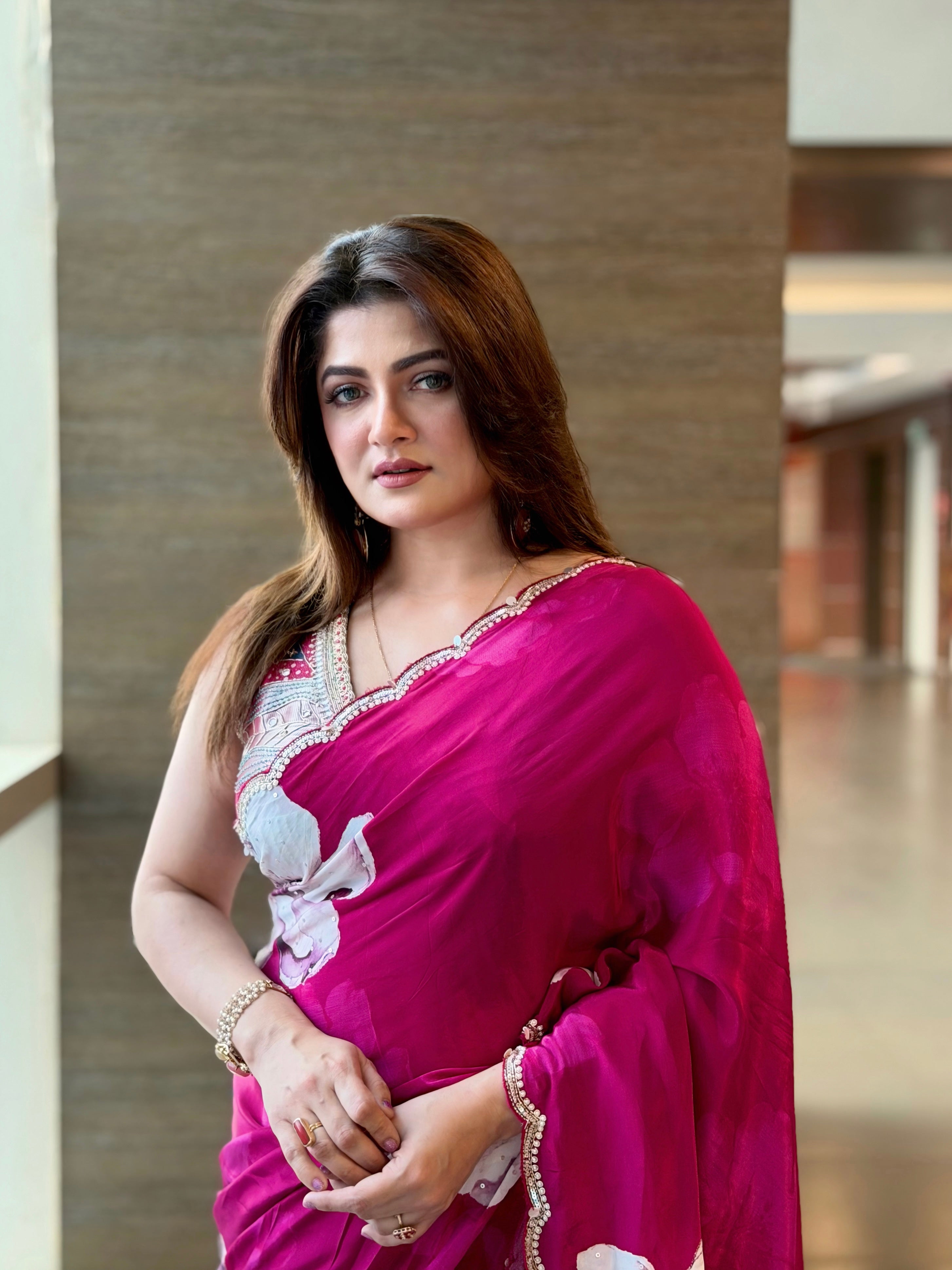 Magenta Floral Print Crepe Silk Saree with Hand Embroidery Border