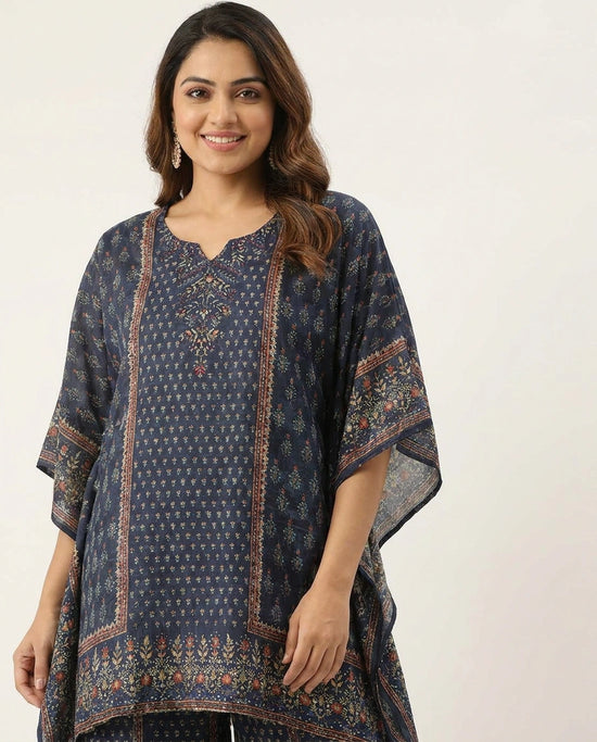 Navy Blue Kaftan Set in Chinon - Rangoli India