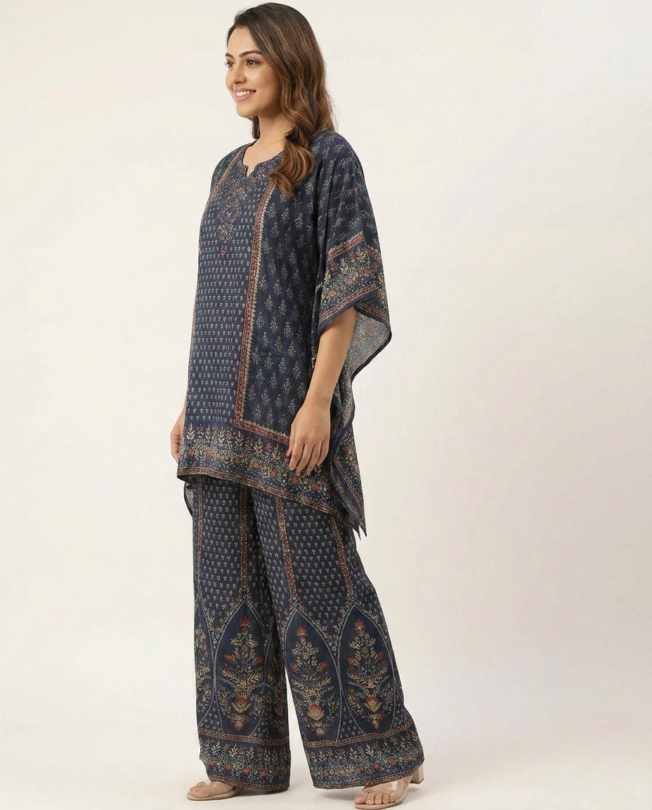Navy Blue Kaftan Set in Chinon - Rangoli India