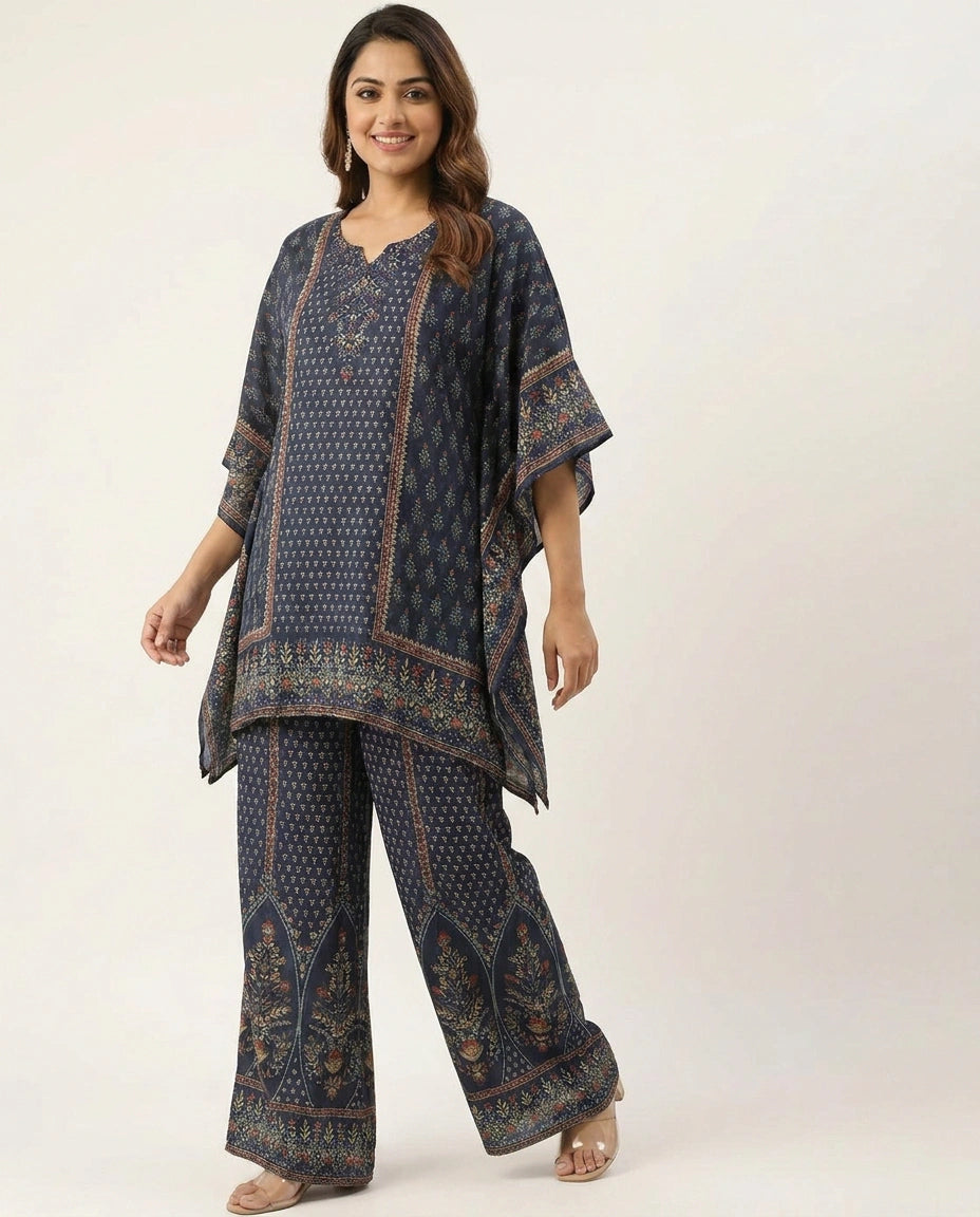 Navy Blue Kaftan Set in Chinon - Rangoli India