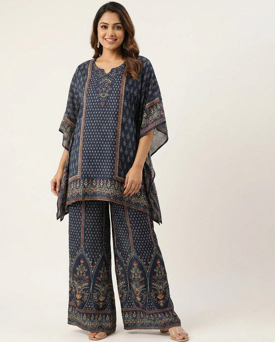 Navy Blue Kaftan Set in Chinon - Rangoli India