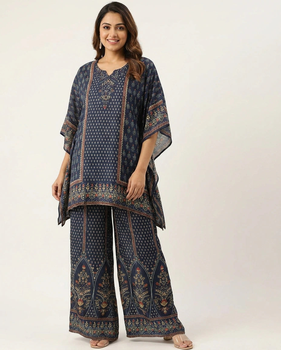 Navy Blue Kaftan Set in Chinon - Rangoli India