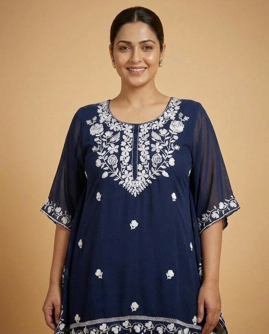 Navy Blue Kaftan Set in Georgette - Rangoli India