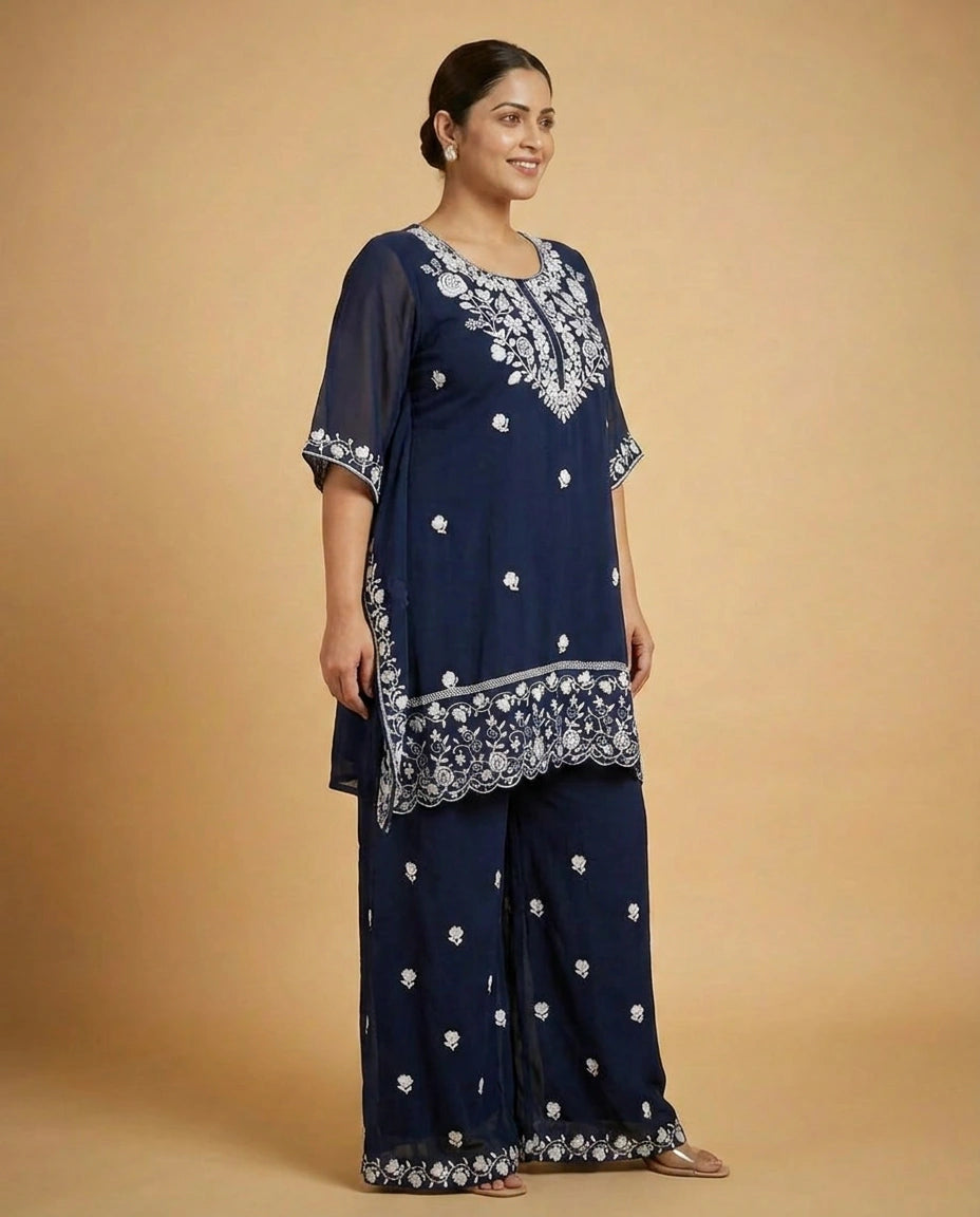 Navy Blue Kaftan Set in Georgette - Rangoli India