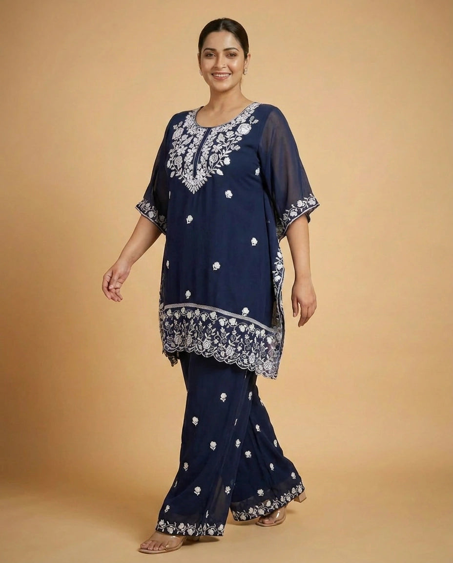 Navy Blue Kaftan Set in Georgette - Rangoli India