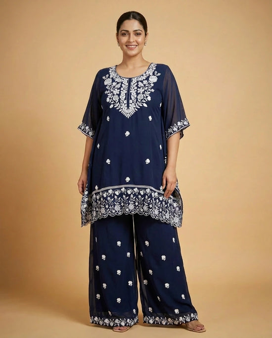 Navy Blue Kaftan Set in Georgette - Rangoli India