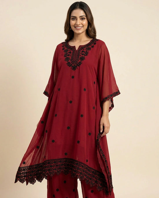 Red Kaftan Set in Georgette - Rangoli India