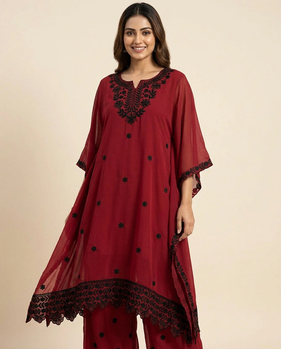 Red Kaftan Set in Georgette - Rangoli India