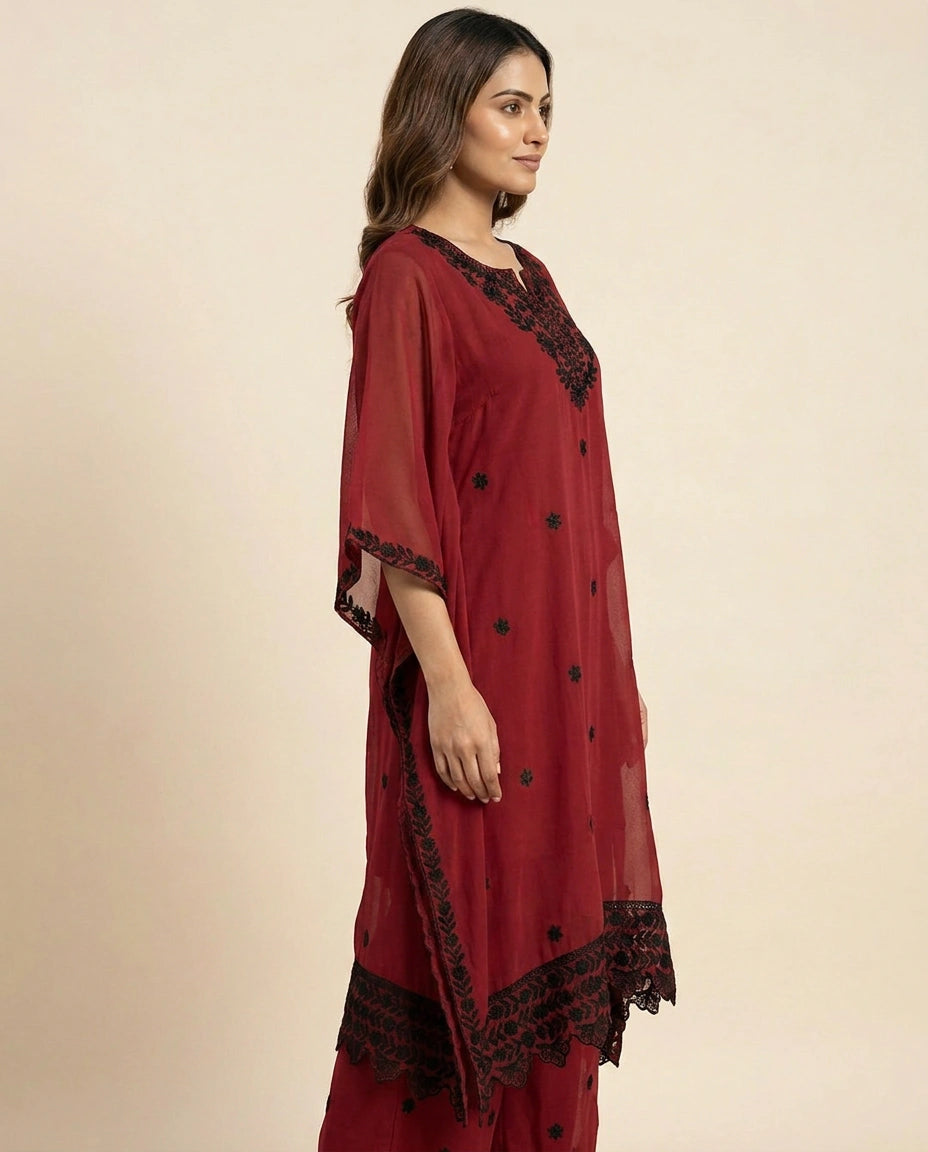 Red Kaftan Set in Georgette - Rangoli India