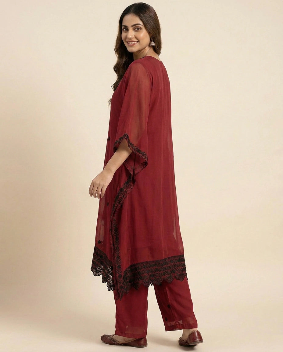 Red Kaftan Set in Georgette - Rangoli India