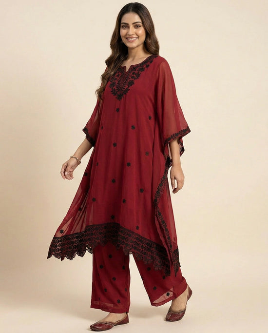 Red Kaftan Set in Georgette - Rangoli India